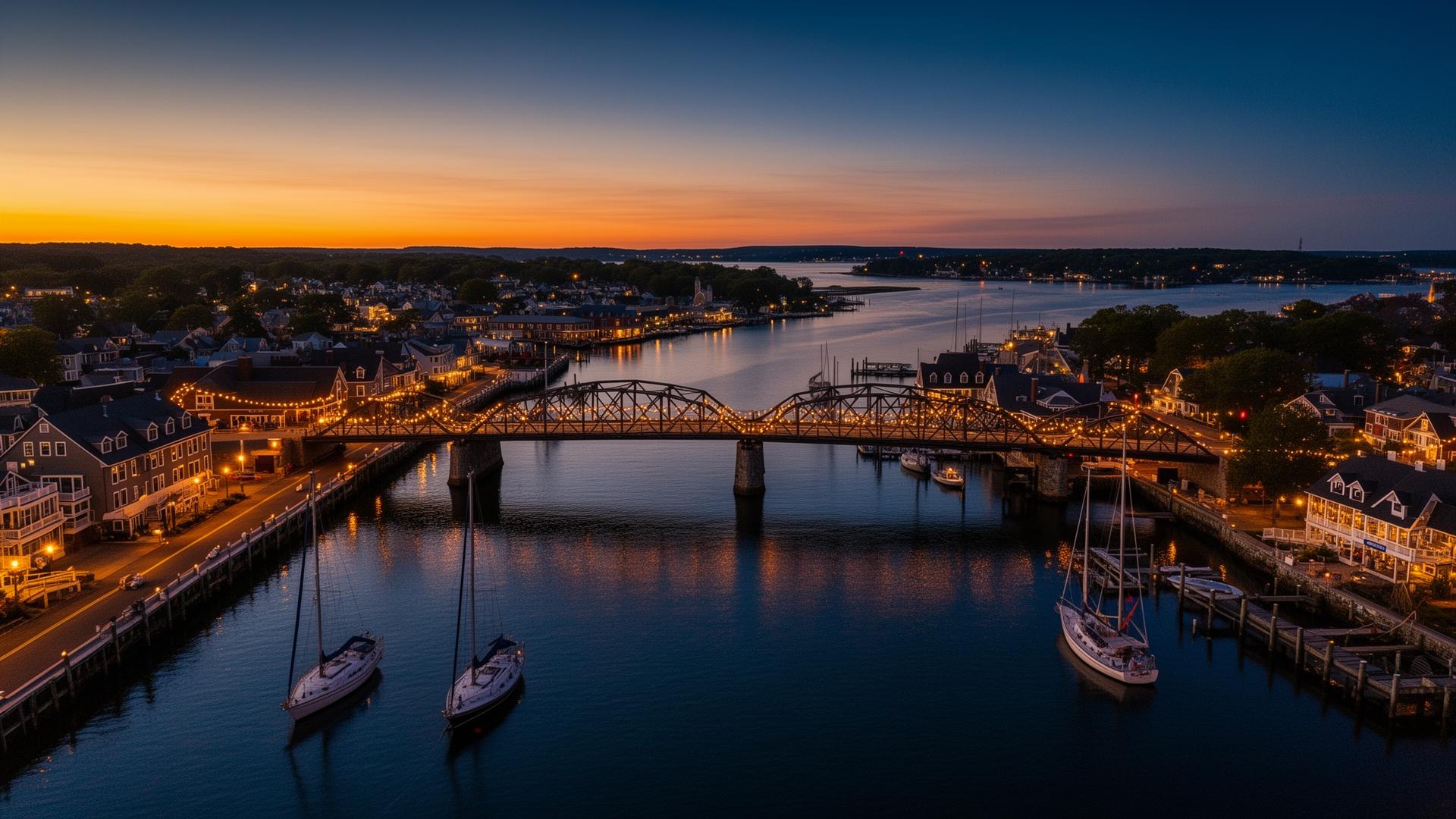 Mystic, Connecticut waterfront at twilight with the historic Bascule Bridge lit by string lights